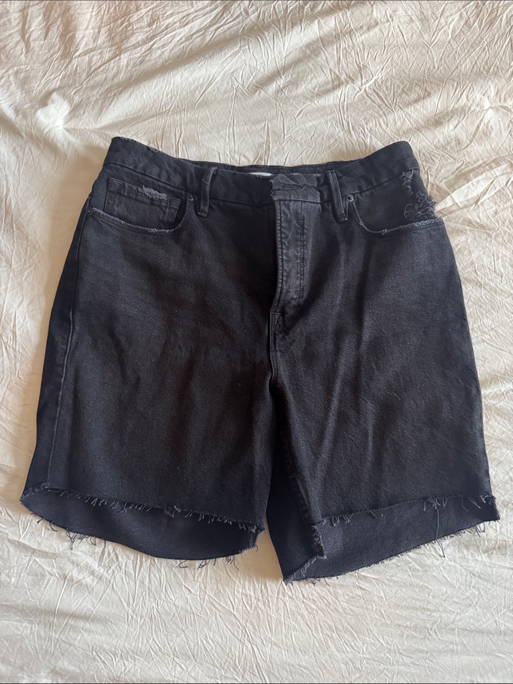Good American Black Frayed Hem Bermuda Shorts